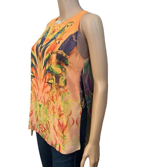 Walter Baker Parrot Print Tropical Tank Top Open Sides Orange Multi Beachy - Picture 2 of 10